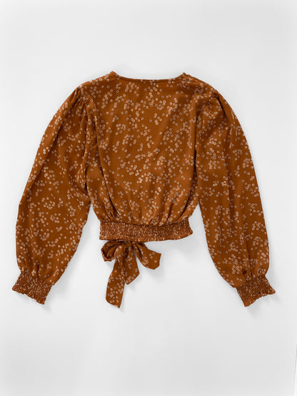 Ditsy Floral Rust Silky Long Sleeve Faux Wrap Top
