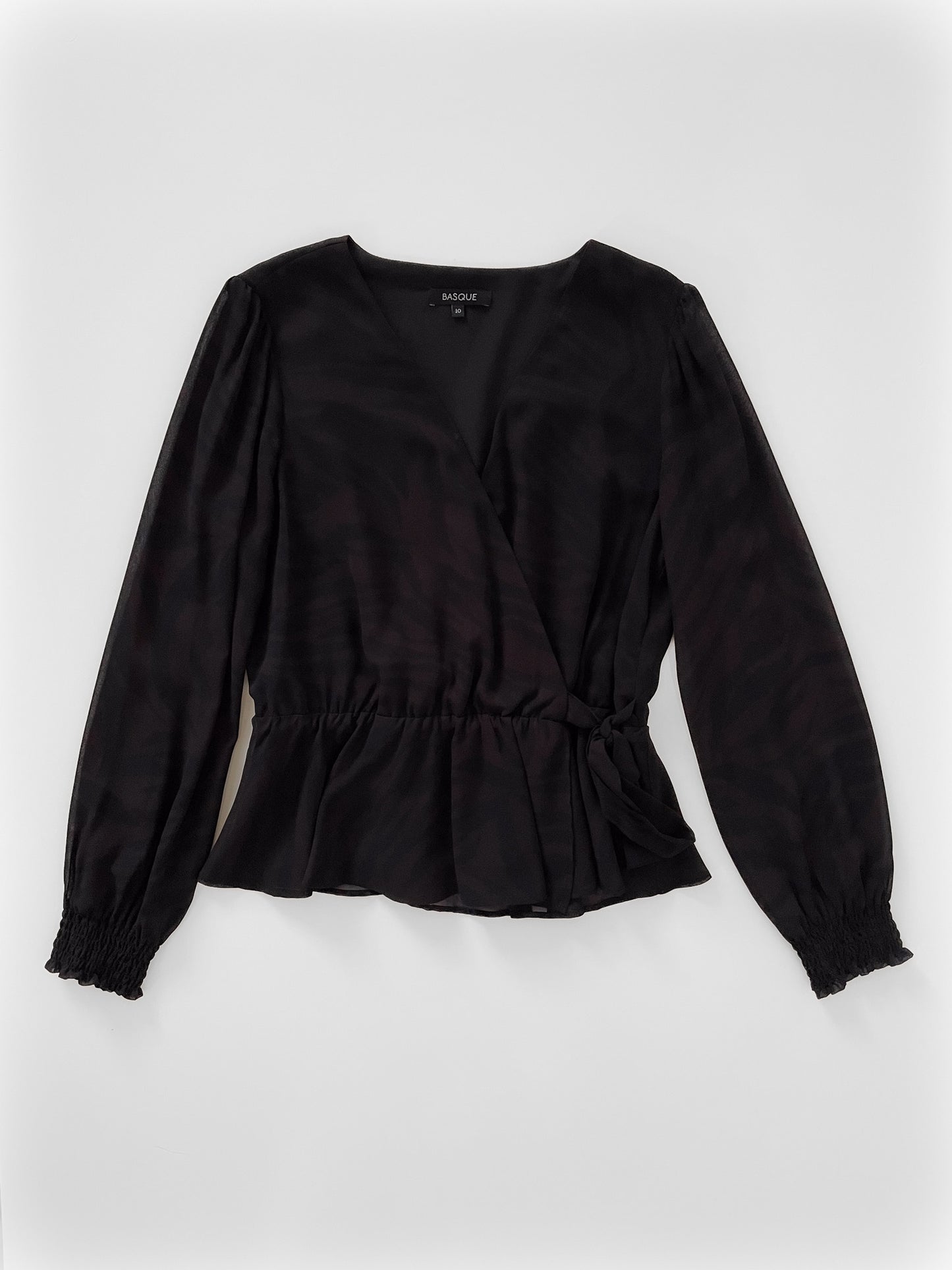 Long Sleeve Faux Wrap Blouse with Subtle Animal Print