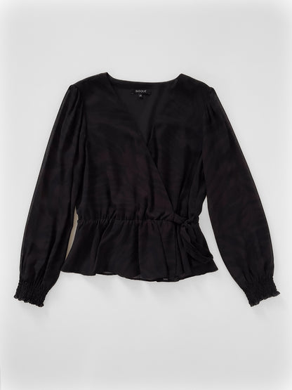 Long Sleeve Faux Wrap Blouse with Subtle Animal Print