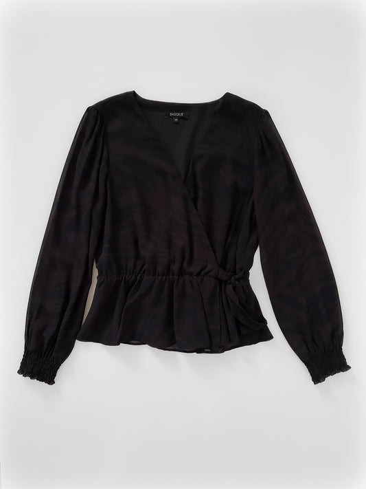 Long Sleeve Faux Wrap Blouse with Subtle Animal Print