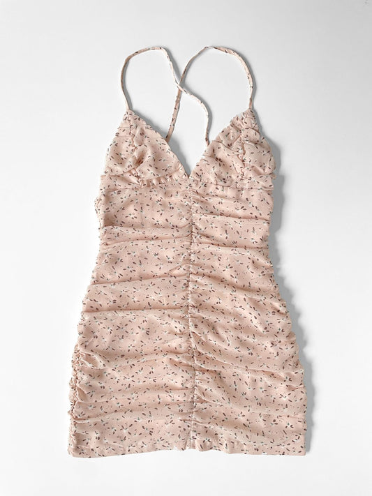 Ruched Chiffon Mini Dress in Pastel Peach Ditsy Floral