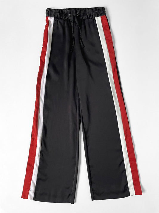 Black & Red Wide Leg Satin Track Pants