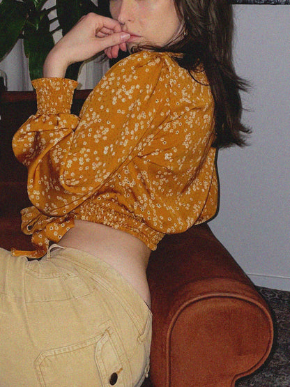 Ditsy Floral Rust Silky Long Sleeve Faux Wrap Top