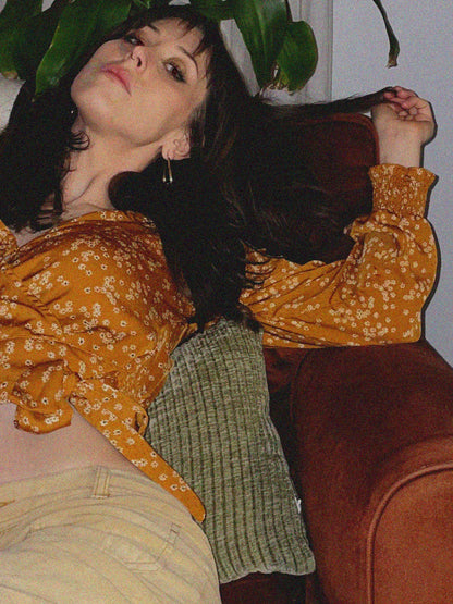 Ditsy Floral Rust Silky Long Sleeve Faux Wrap Top