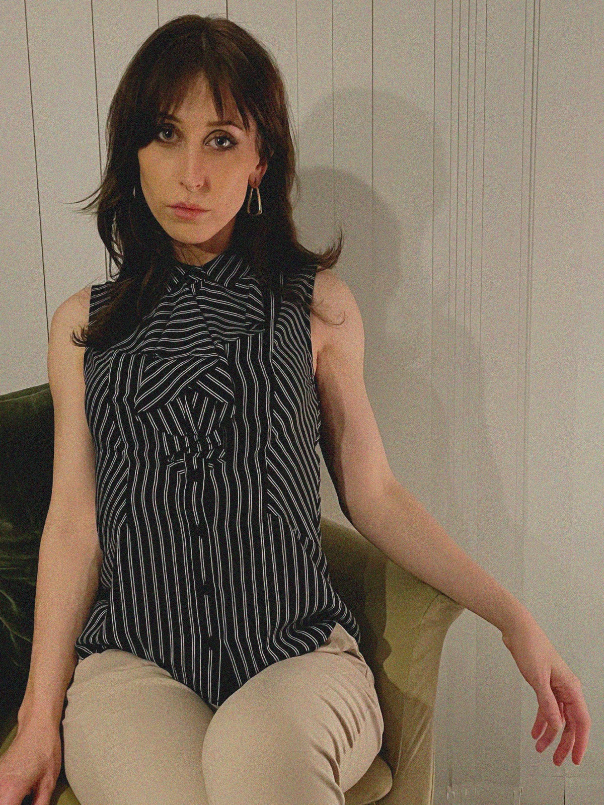 Sleeveless Ruffle Top - Black/White Stripe