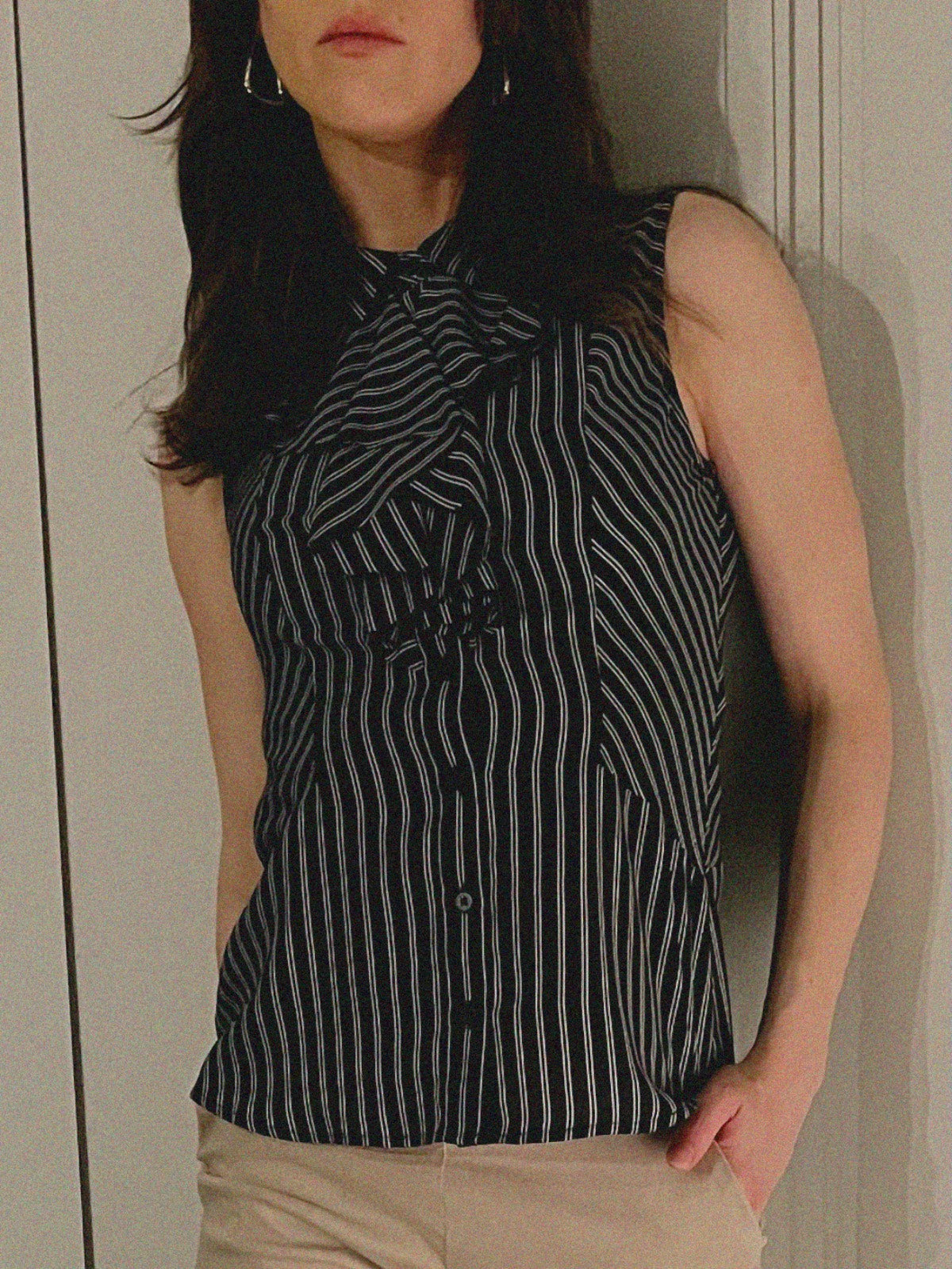 Sleeveless Ruffle Top - Black/White Stripe
