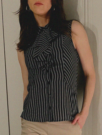 Sleeveless Ruffle Top - Black/White Stripe