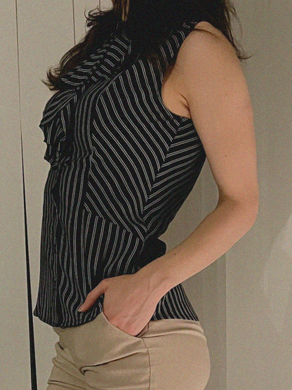 Sleeveless Ruffle Top - Black/White Stripe