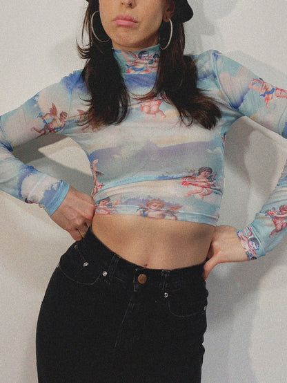 Y2K Cherub Blue Mesh Skivvy Top