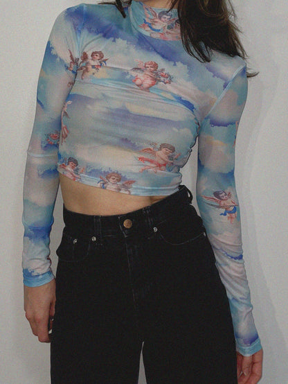 Y2K Cherub Blue Mesh Skivvy Top