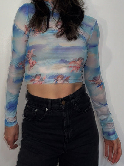 Y2K Cherub Blue Mesh Skivvy Top