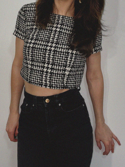 Boucle Tweed Crop Top in Black and White Houndstooth
