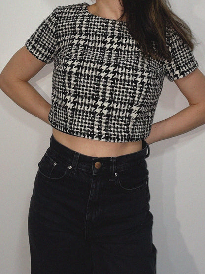 Boucle Tweed Crop Top in Black and White Houndstooth