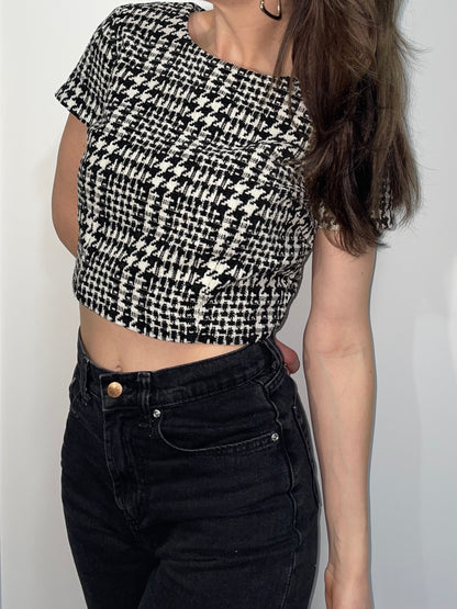 Boucle Tweed Crop Top in Black and White Houndstooth