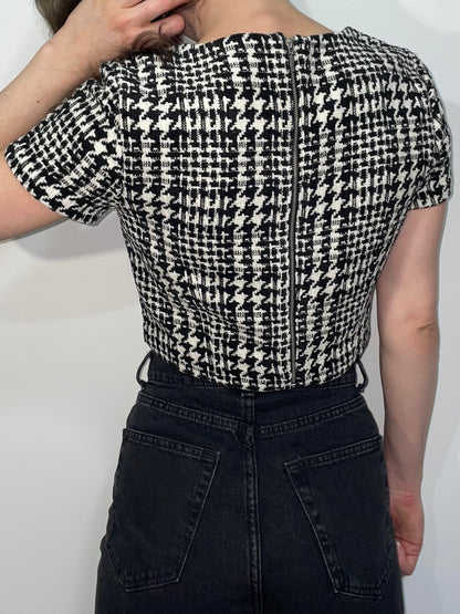 Boucle Tweed Crop Top in Black and White Houndstooth