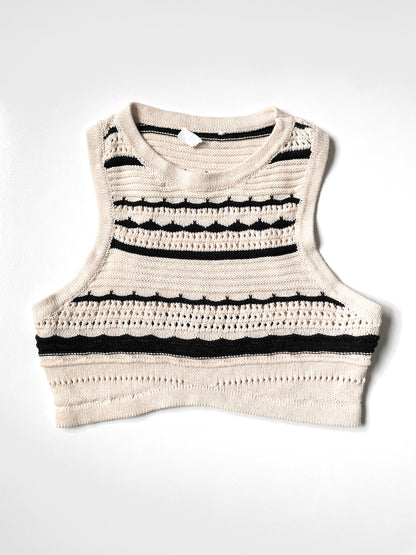 Knit Crop Tank Top Vest in Cream and Black