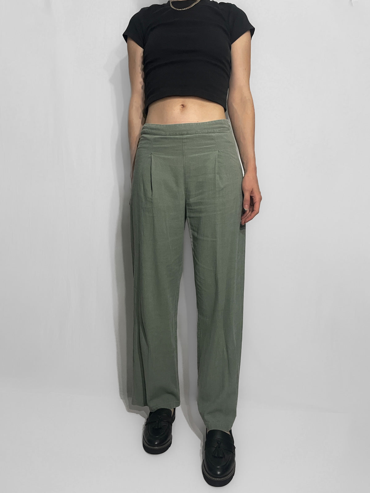 Soft Woven Linen Blend Khaki Trousers