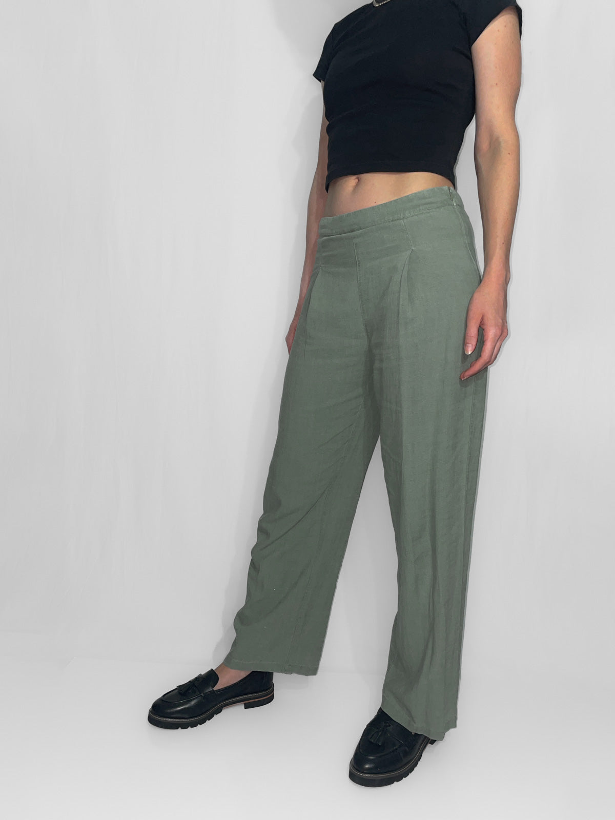 Soft Woven Linen Blend Khaki Trousers