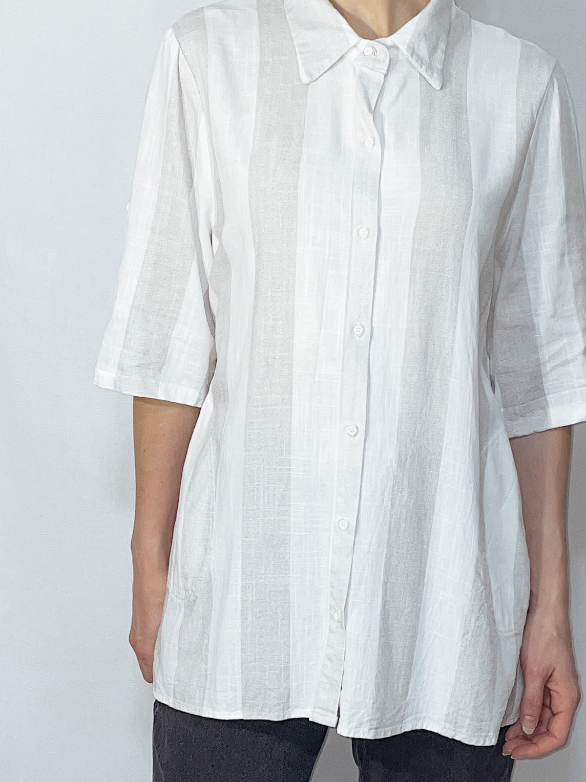 White Grey Stripe Linen Blend Shirt