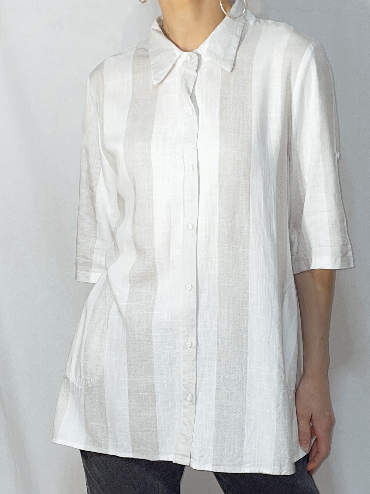 White Grey Stripe Linen Blend Shirt