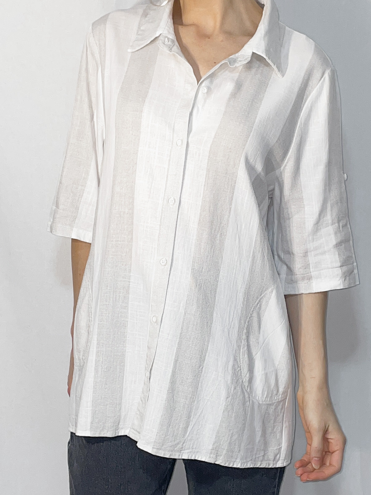White Grey Stripe Linen Blend Shirt