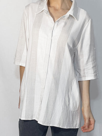 White Grey Stripe Linen Blend Shirt