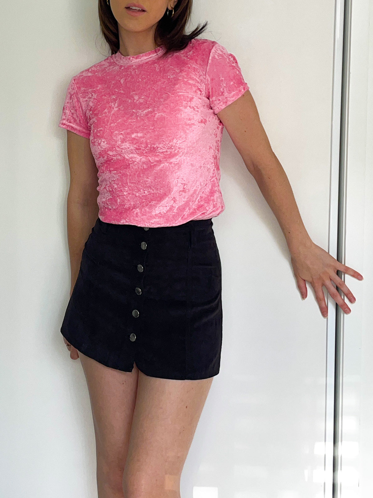 Black Corduroy Button Up Mini Skirt