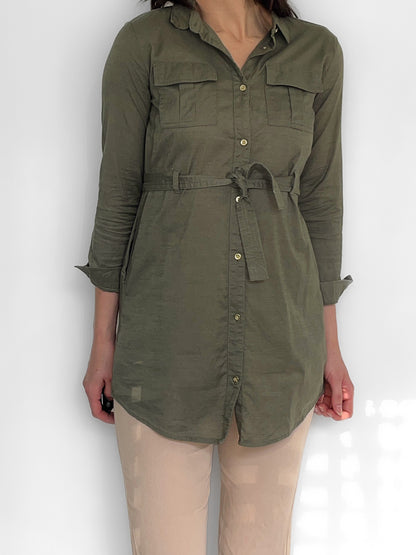 Youth / Petite Cotton Belted Shirt Dress in Khaki
