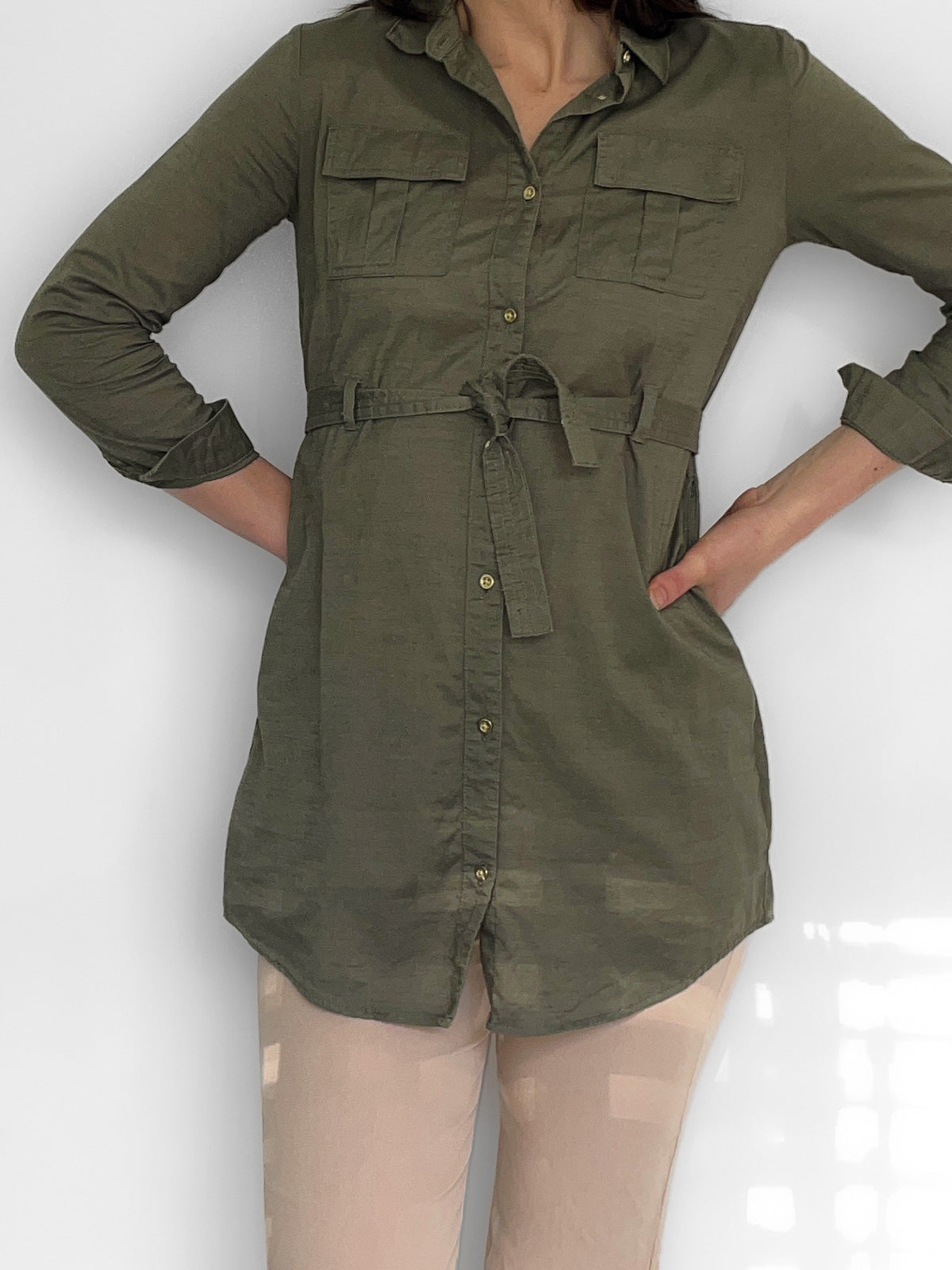 Youth / Petite Cotton Belted Shirt Dress in Khaki