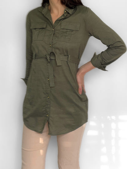 Youth / Petite Cotton Belted Shirt Dress in Khaki