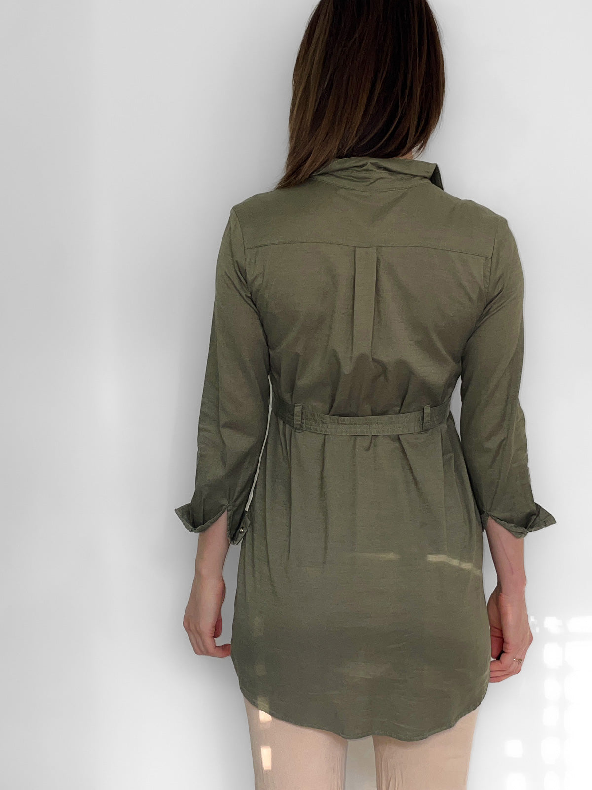 Youth / Petite Cotton Belted Shirt Dress in Khaki