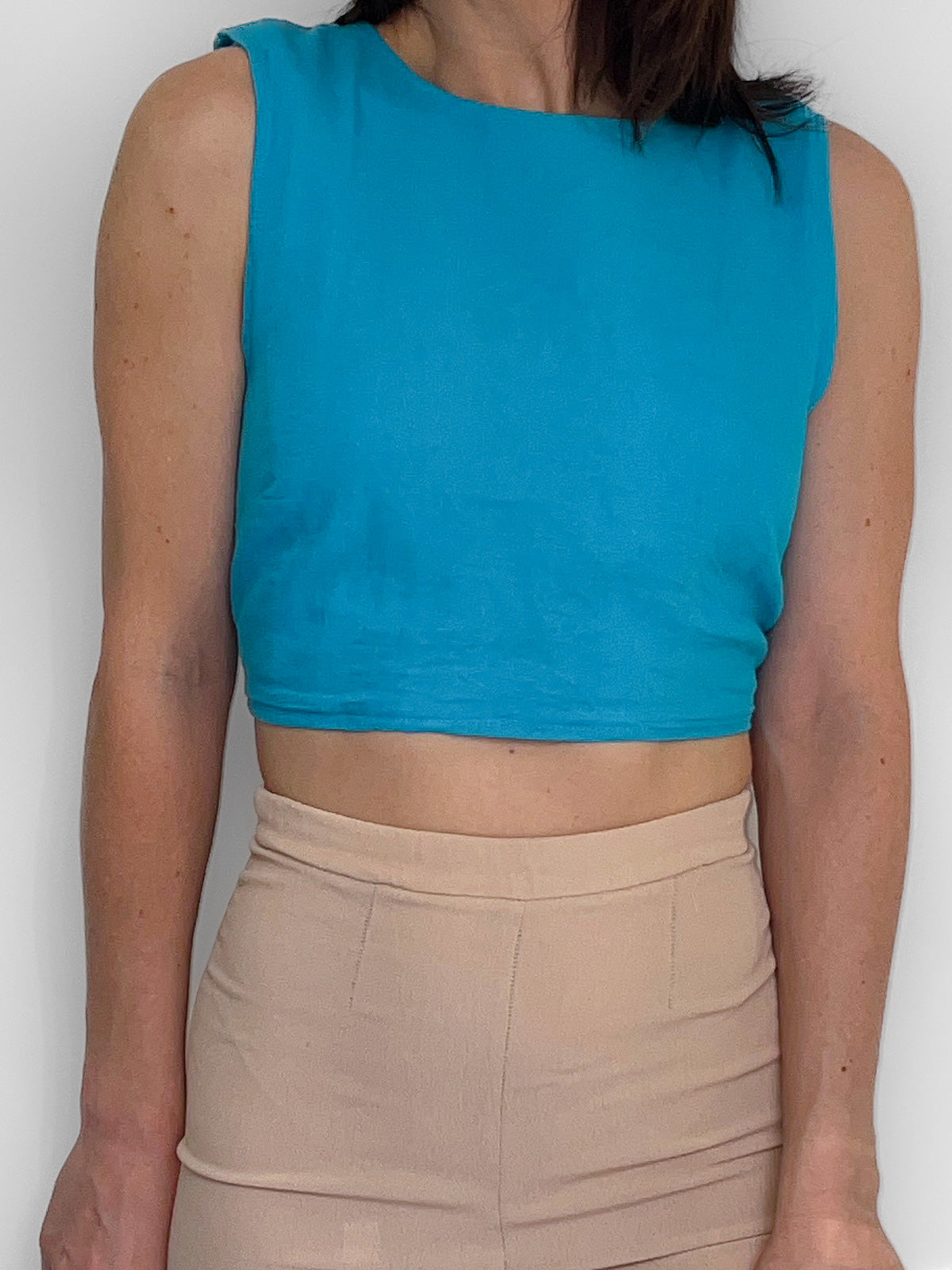 Linen Tie Back Crop Top in Dark Aqua Blue