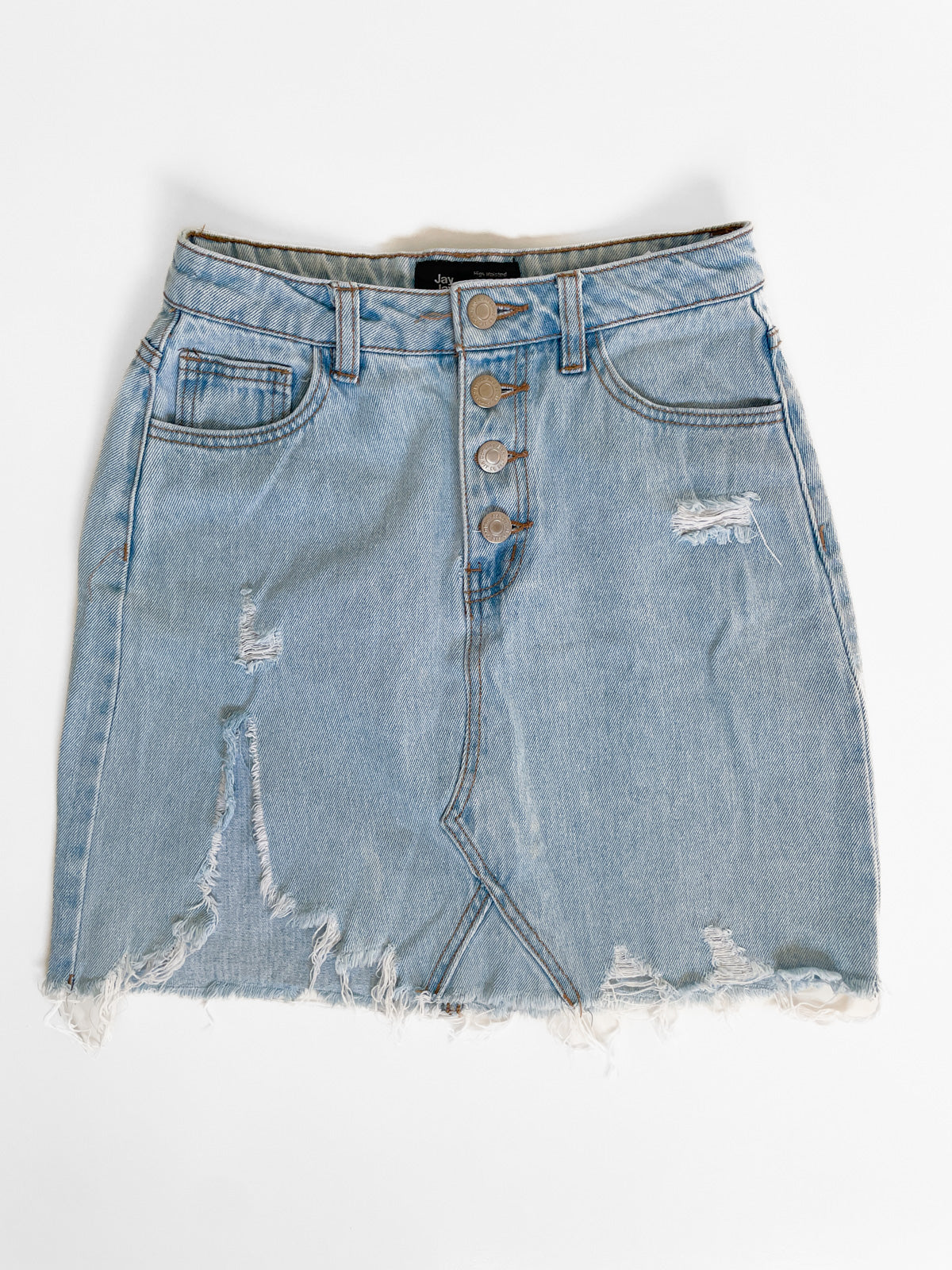 Distressed High Waisted Light Wash Denim Mini Skirt