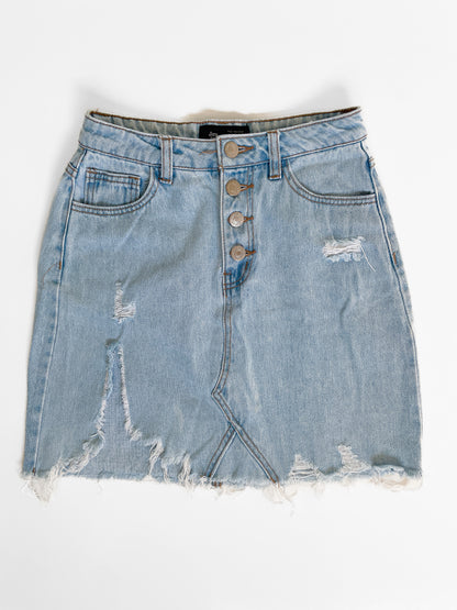 Distressed High Waisted Light Wash Denim Mini Skirt