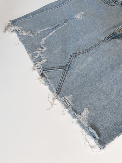 Distressed High Waisted Light Wash Denim Mini Skirt