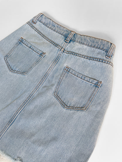 Distressed High Waisted Light Wash Denim Mini Skirt