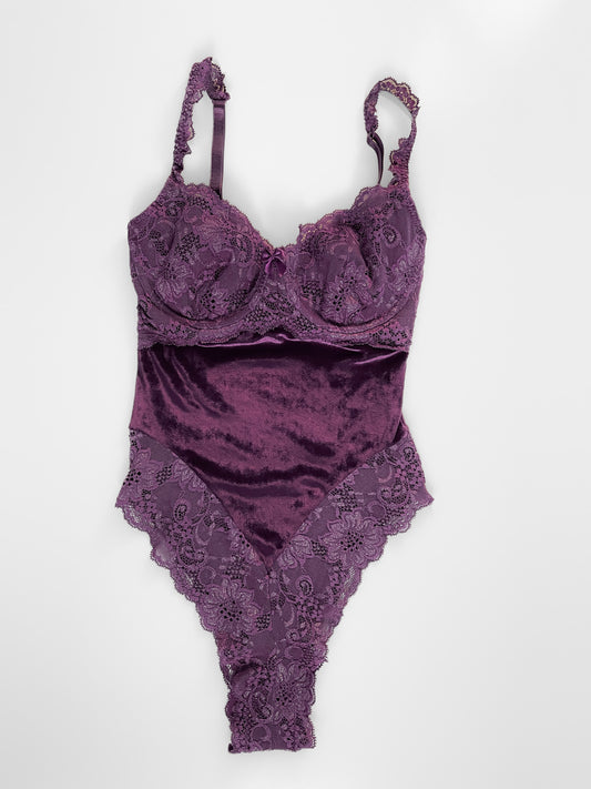 Plum Velvet & Lace One Piece Leotard Bodysuit