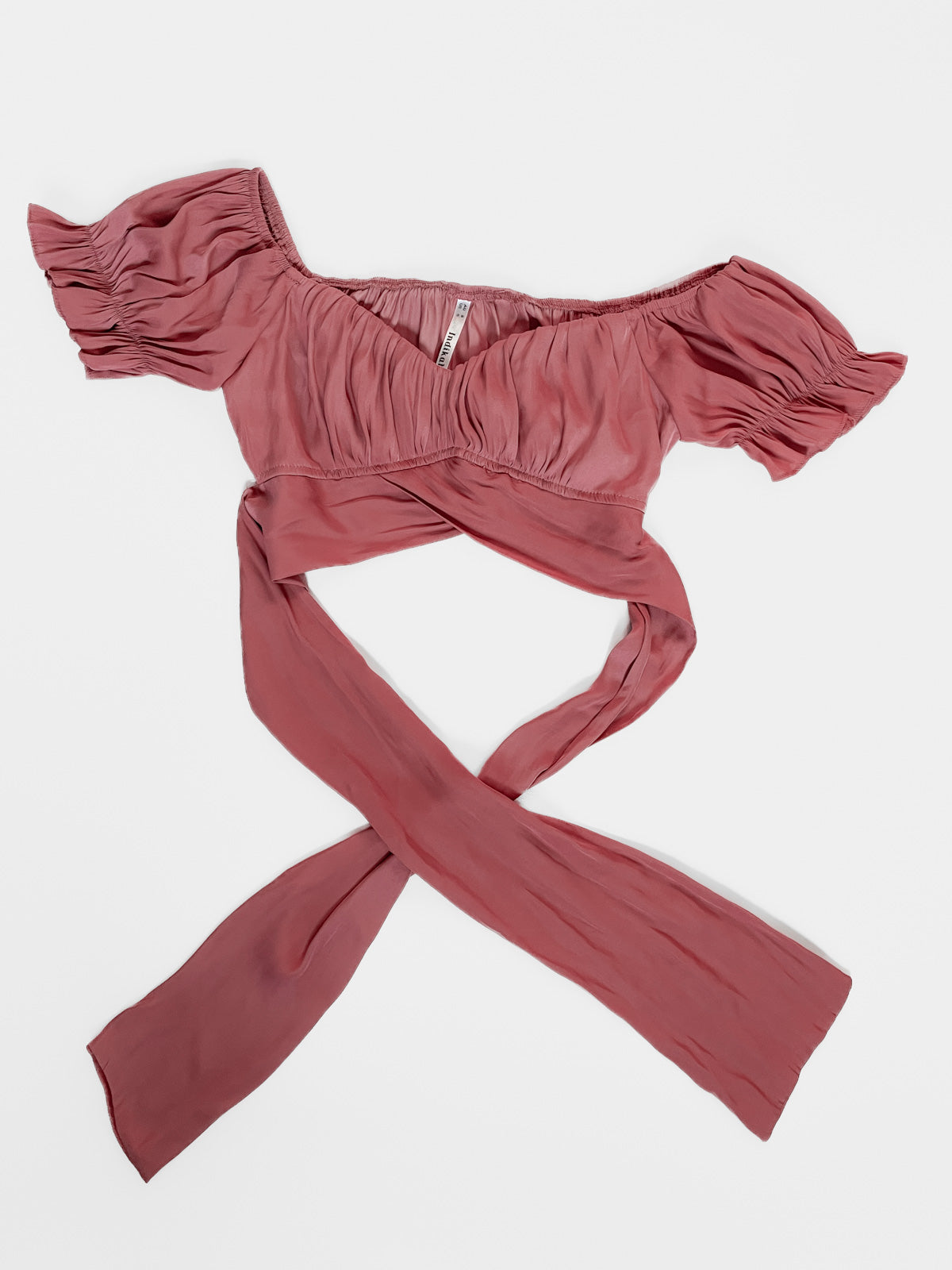Silky off shoulder wrap crop top in dusty rose pink