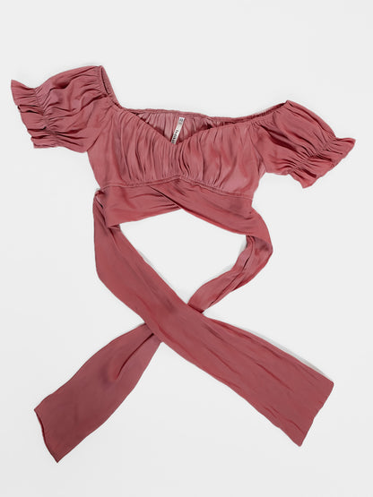 Silky off shoulder wrap crop top in dusty rose pink