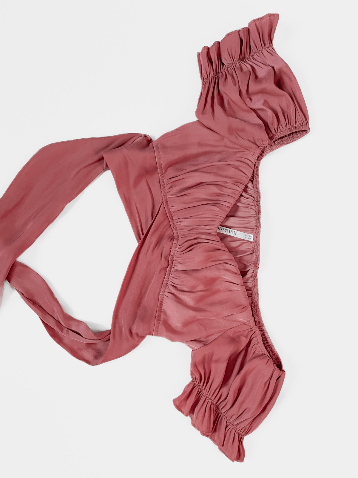 Silky off shoulder wrap crop top in dusty rose pink