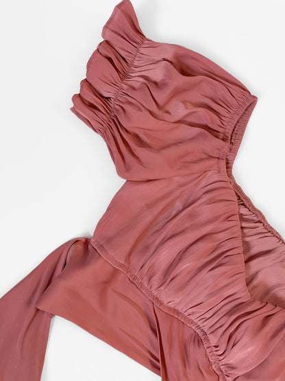 Silky off shoulder wrap crop top in dusty rose pink