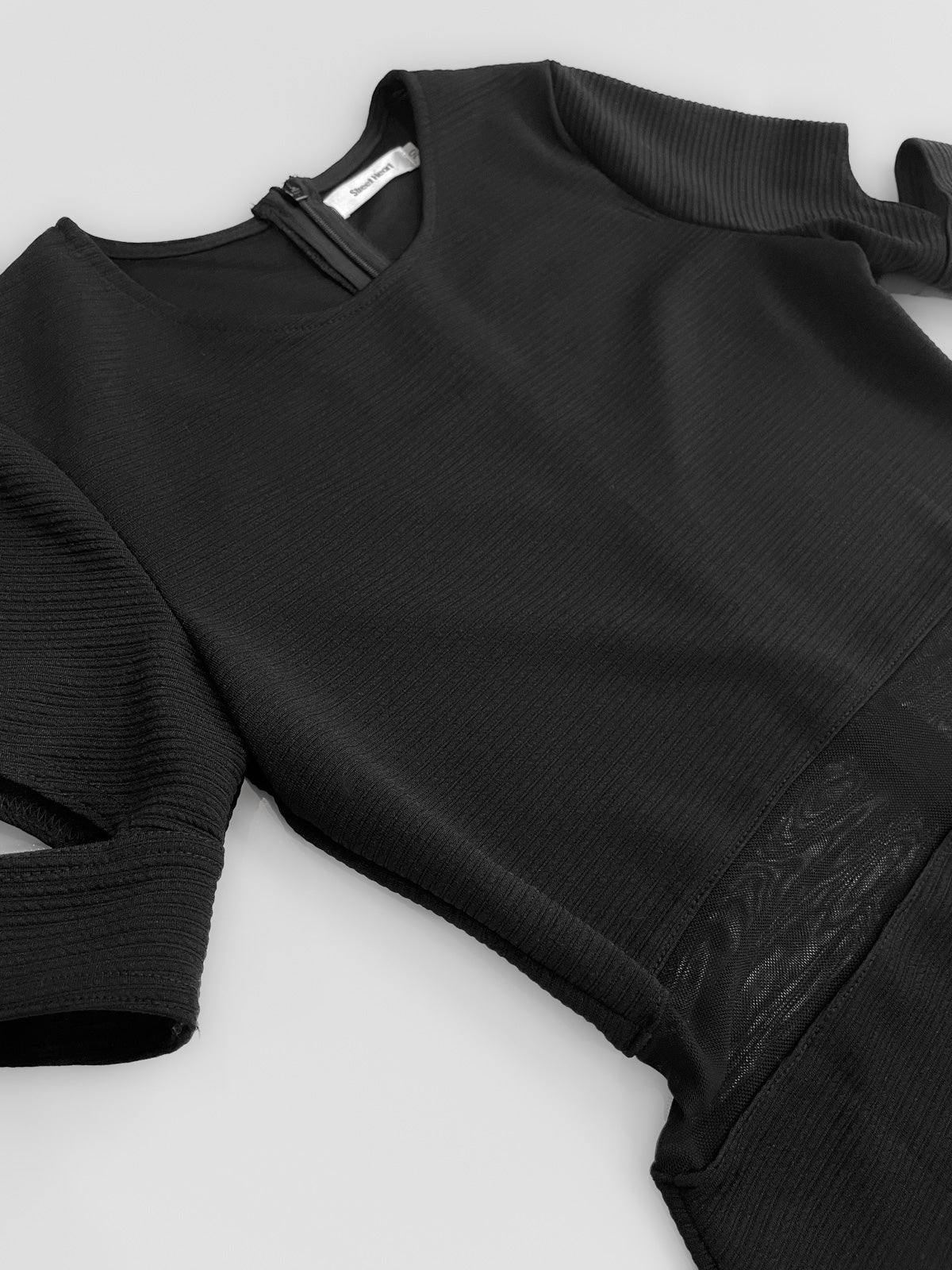 Ribbed Bodycon Mesh Cutout Dress in Black