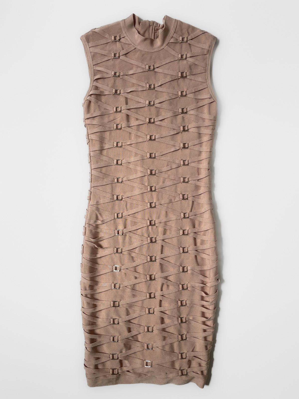 Mock Neck Buckle Bandage Dress in Dusty Pink Peach