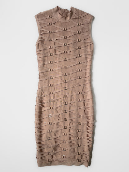 Mock Neck Buckle Bandage Dress in Dusty Pink Peach