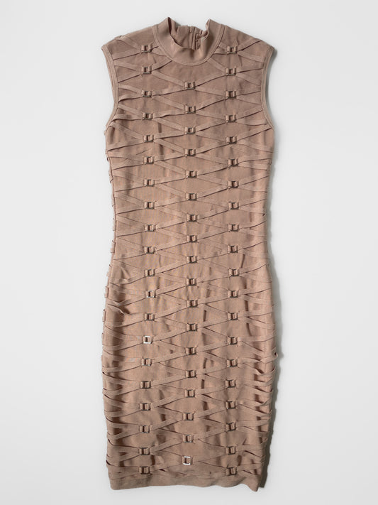 Mock Neck Buckle Bandage Dress in Dusty Pink Peach