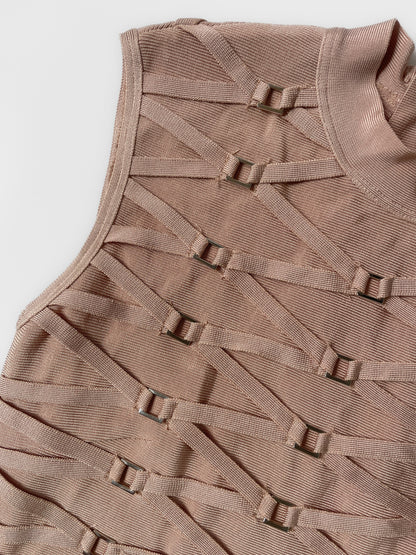 Mock Neck Buckle Bandage Dress in Dusty Pink Peach