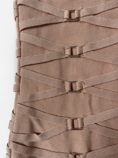 Mock Neck Buckle Bandage Dress in Dusty Pink Peach
