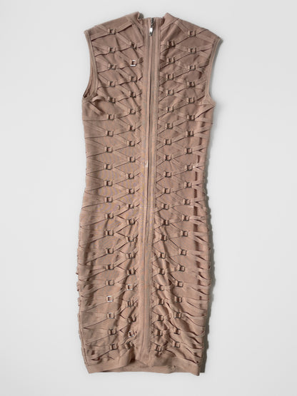 Mock Neck Buckle Bandage Dress in Dusty Pink Peach