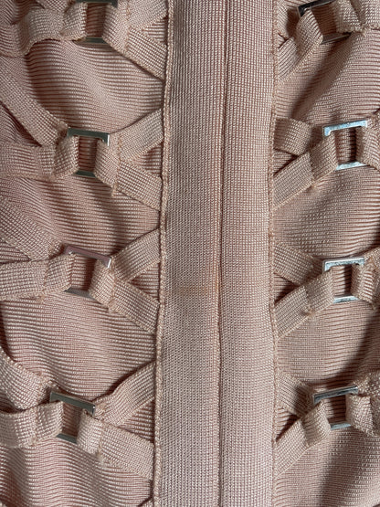 Mock Neck Buckle Bandage Dress in Dusty Pink Peach