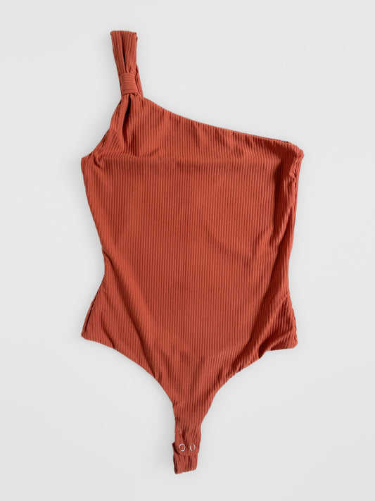 One Sleeve Ribbed Bodysuit in Burnt Ochre